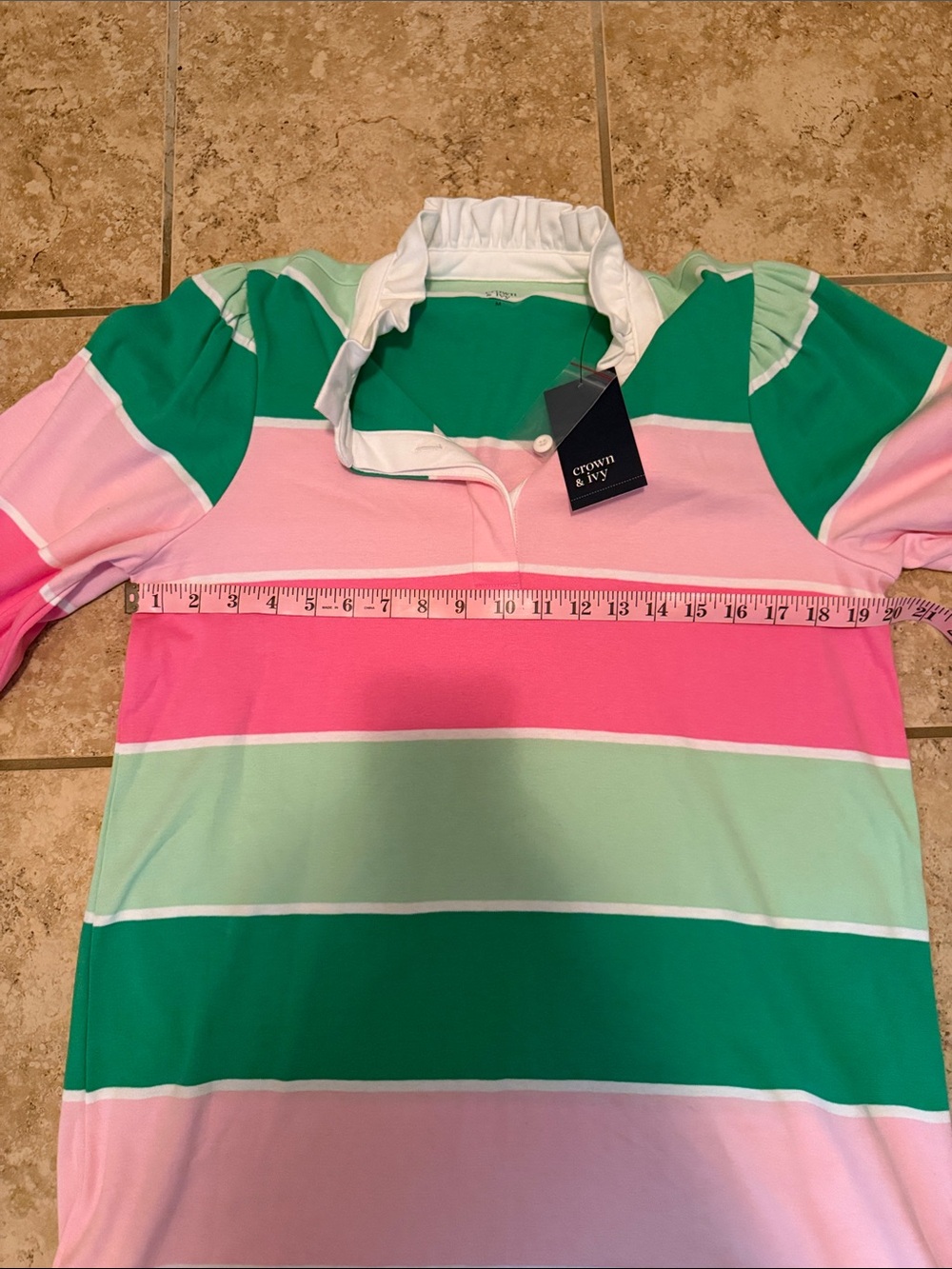 Crown & Ivy Striped Puff-Sleeve Dress in Pink & Green Size Med - Picture 9 of 12